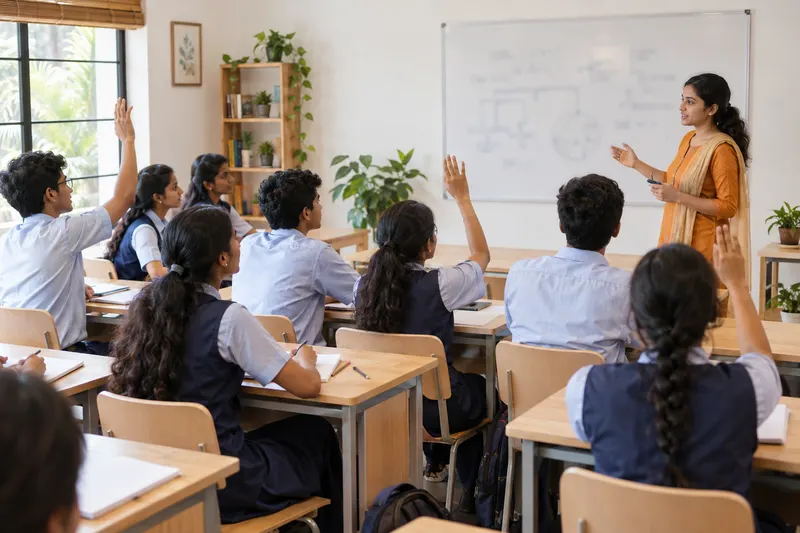 Students raising their hands in an attentive, well-lit tuition classroom as the teacher explains at the whiteboard