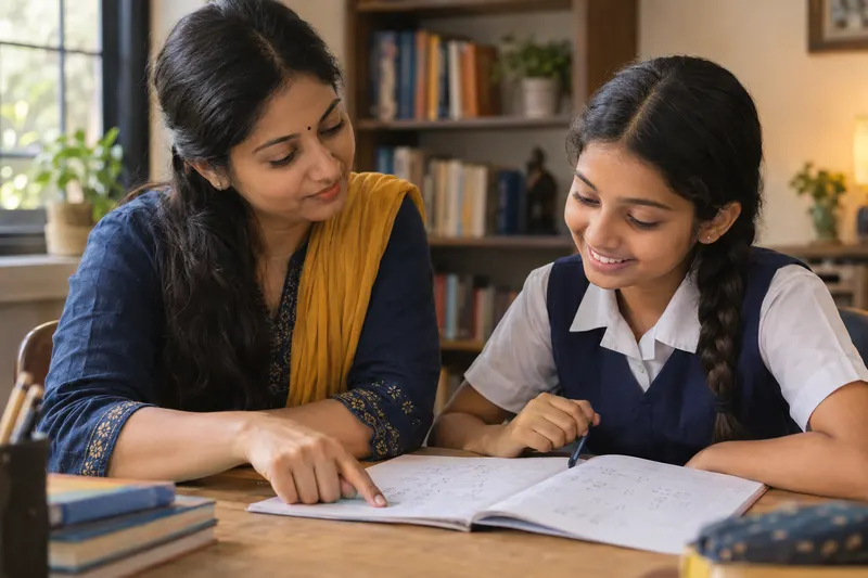 A tutor giving one-to-one guidance to a student working through problems in her notebook
